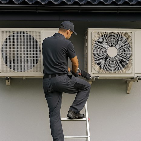 a person standing on a ladder servicing outdoor air conditioning units mounted on a wall.