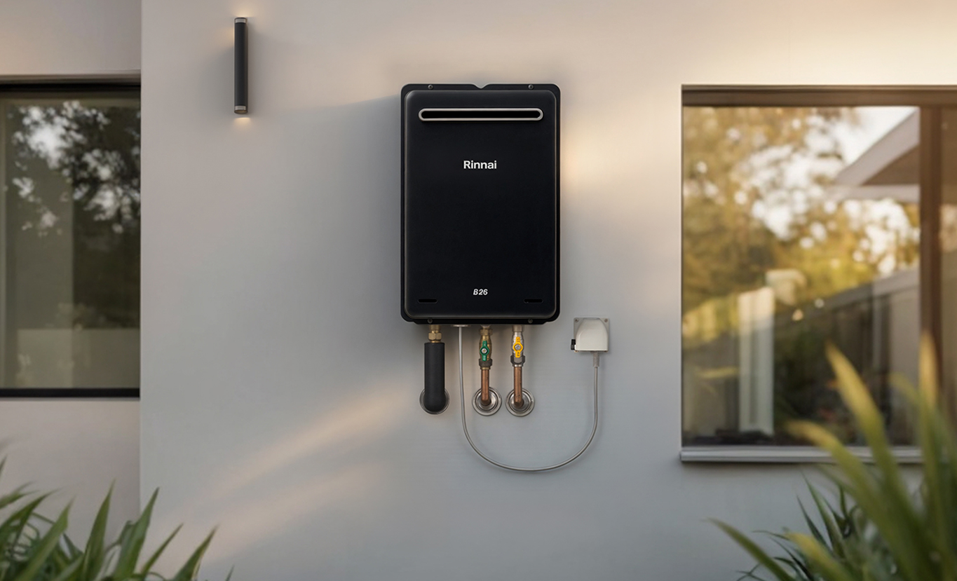 This is an image of a black Rinnai Gas Instantaneous Hot Water System installed by Coop Group on the Coop Group website who service Bayswater, Dandenong, Croydon, Melbourne