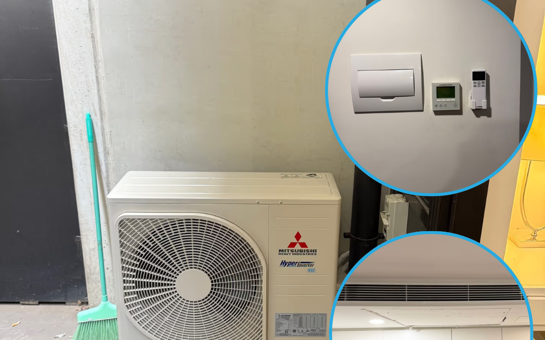 This image is a Mitsubishi Electric 5kW concealed bulkhead air conditioning installation in Melbourne